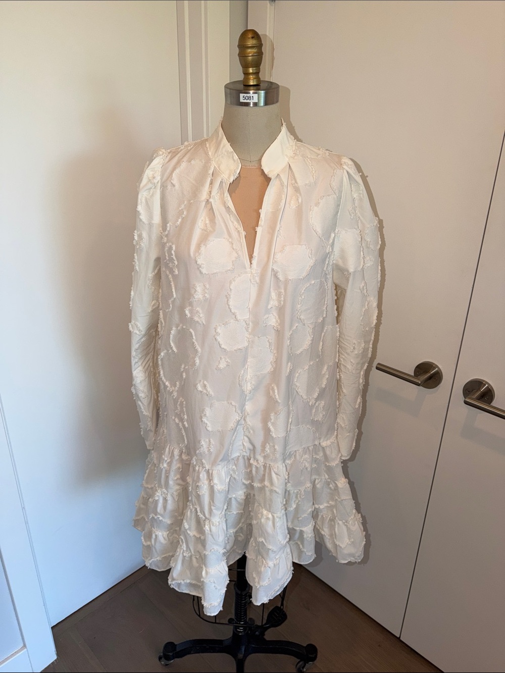 H&M Ivory Long‑Sleeve Textured Ruffle‑Hem Dress